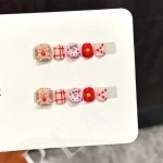 Kırmızı Ekose Kalp Detaylı Oval El Yapımı Takma Tırnak XS