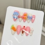 Pembe Beyaz Sevimli 3D Figürlü Badem El Yapımı Takma Tırnak XS