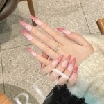 Pembe Renk Geçişli Yıldız İnci Stiletto El Yapımı Takma Tırnak XS