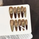 Altın Kedi Gözü Kahve Uzun Badem El Yapımı Takma Tırnak XS