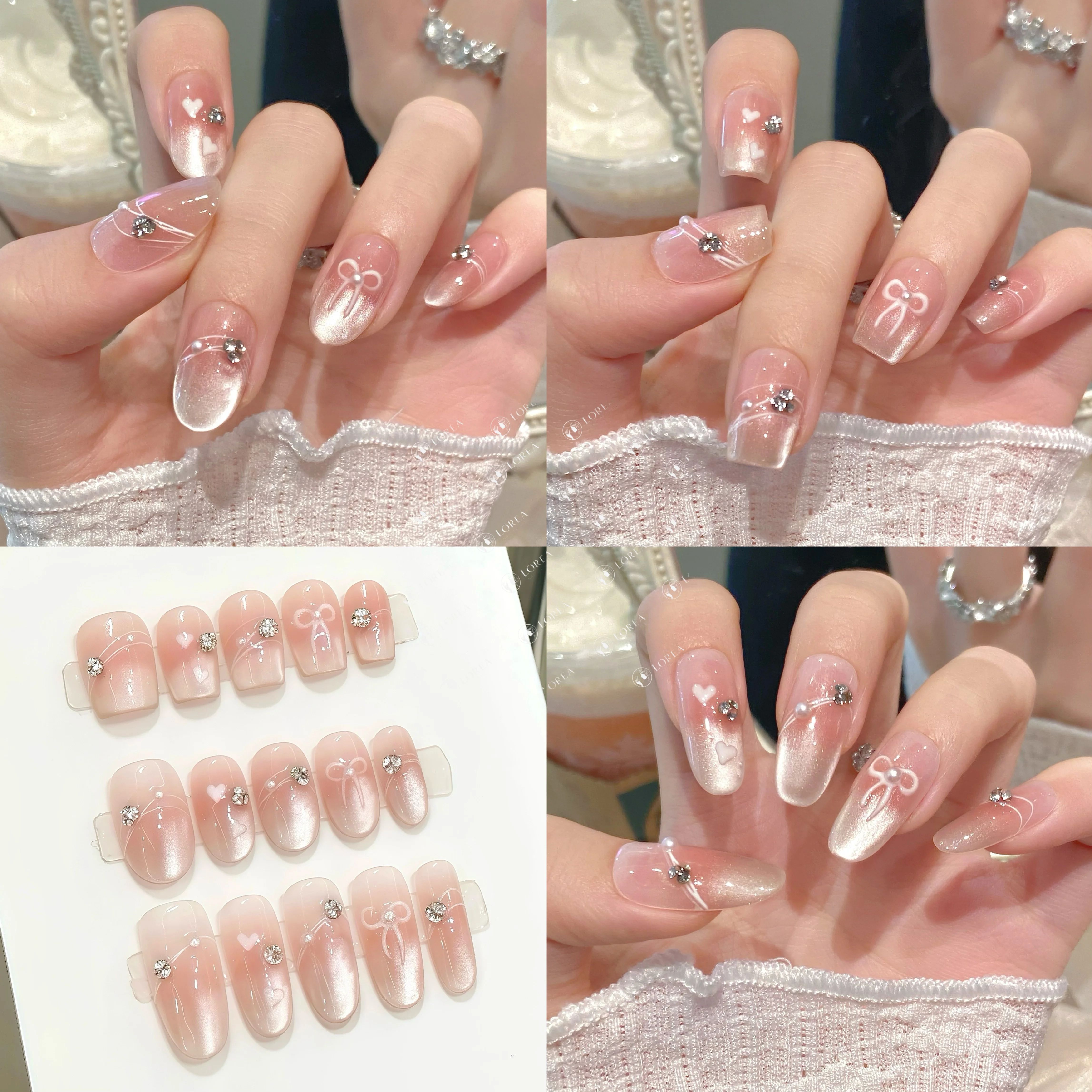 Pembe Işıltılı Renk Geçişli Fiyonk ve Kalp Desenli Oval El Yapımı Takma Tırnak Hover