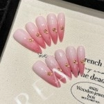 Pembe Renk Geçişli Yıldız İnci Stiletto El Yapımı Takma Tırnak XS