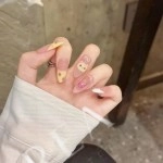 Jel Pembe Çilek ve Karakter Desenli Uzun Badem El Yapımı Takma Tırnak XS